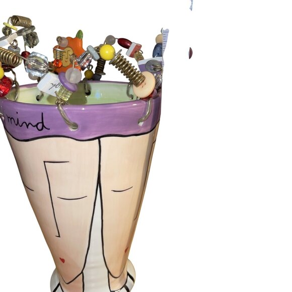 Sandra Magsamen Whimsical Ceramic Vase With Quirky Beaded Rim Mine Charms - Picture 16 of 16